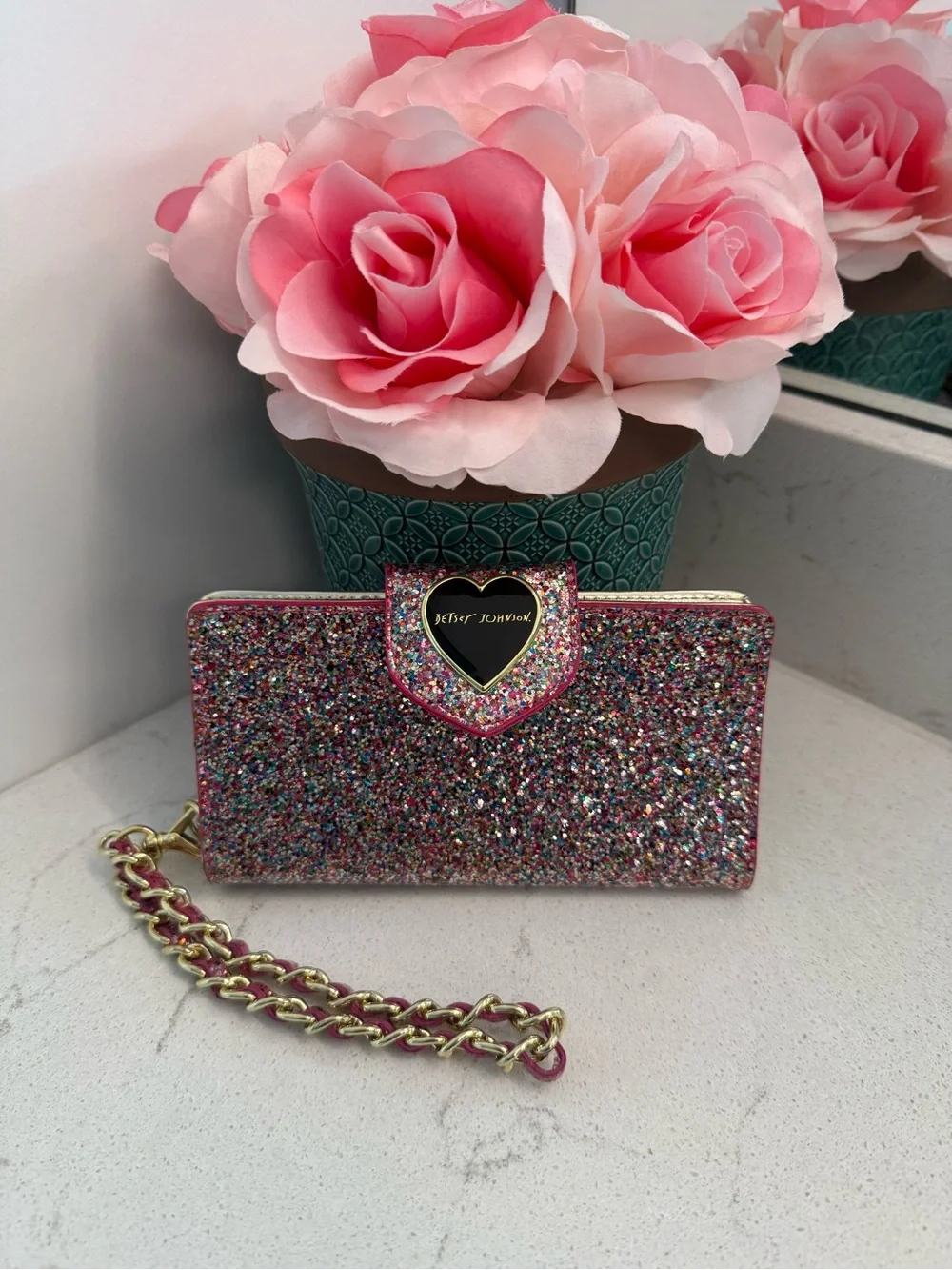 Betsey Johnson Multicolor Glitter Heart Clutch with Gold Chain